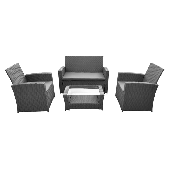 Salon de jardin COMINO en résine tressée grise 4 places - coussins gris