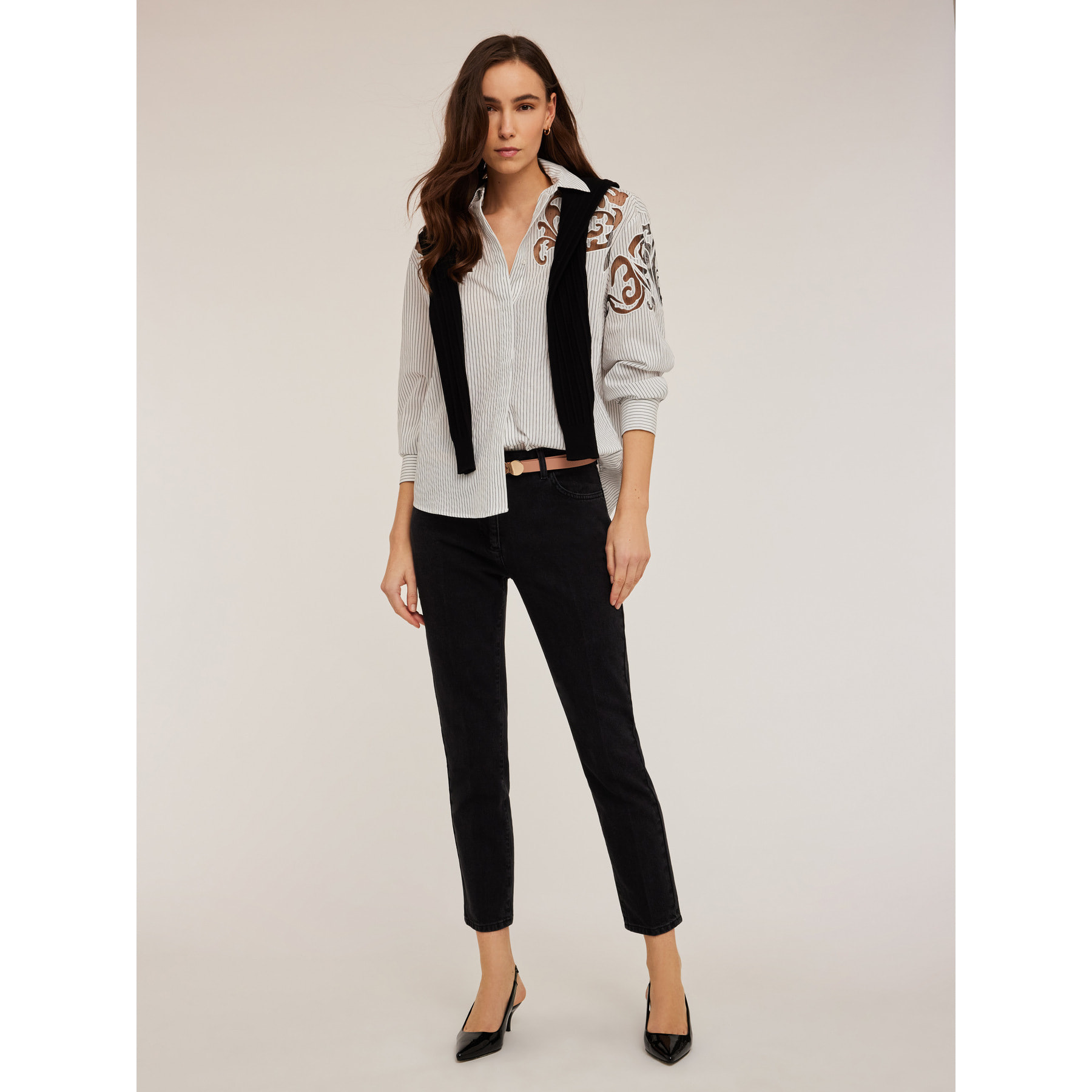 Motivi - Camicia a righe con ricamo in tulle - Bianco