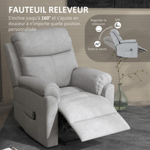 Fauteuil de massage releveur électrique - fauteuil inclinable avec repose-pied ajustable, télécommande - tissu aspect lin gris