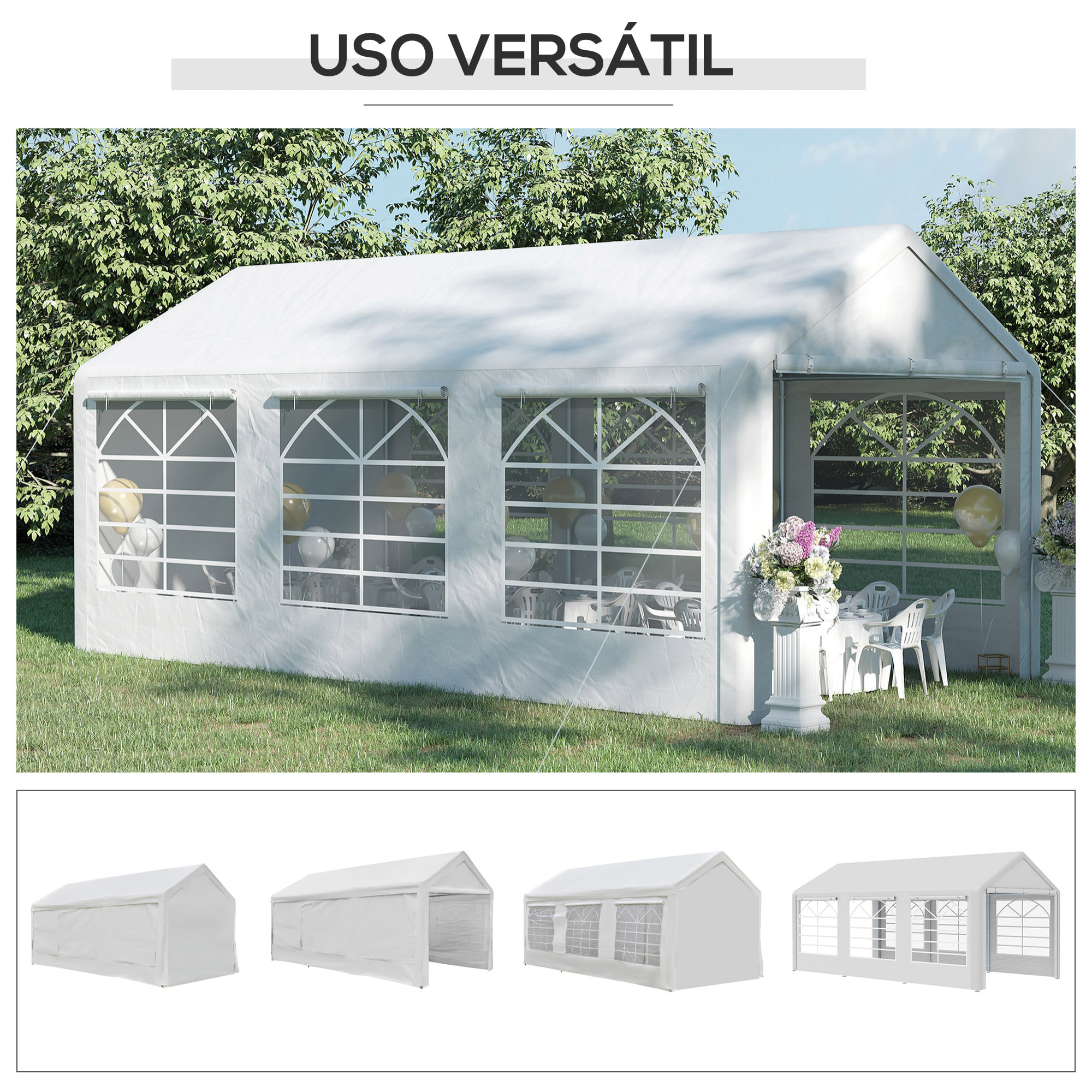 Carpa para Fiestas 6x3 m Cenador Pabellón de Jardín con 4 Paneles Laterales 2 Puertas Enrollables y 6 Ventanas Protección UV para Exterior Eventos Bodas Blanco