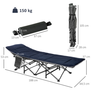 Cama de Camping Plegable Cama de Acampada con Cojín Almohada Bolsillo Lateral Bolsa de Transporte y Marco de Acero Carga 150 kg para Playa Senderismo 188x64,5x53 cm Azul