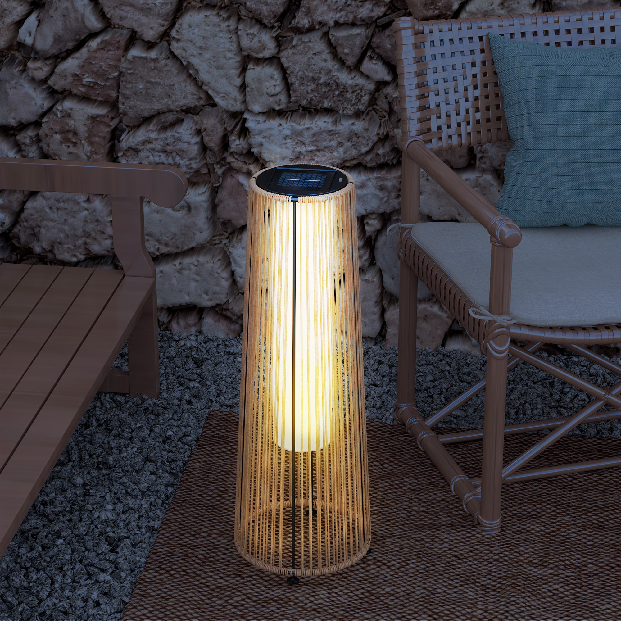 Linterna de Jardín de Ratá¡n Sintá©tico Farola Solar Exterior con Luces LED Encendido y Apagado Automá¡tico Impermeable para Terraza Balcón Patio Ø21,5x61 cm Natural