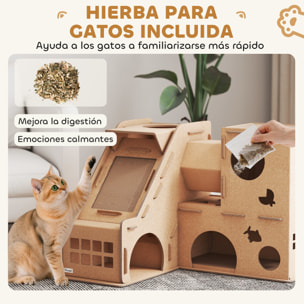 Casa para Gatos de Cartón, Forma Castillo, Rascador para Gatos de 2 Niveles con 3 Zonas de Rascado, Túnel, Rampa, Incluye Hierba, para Interior, Marrón