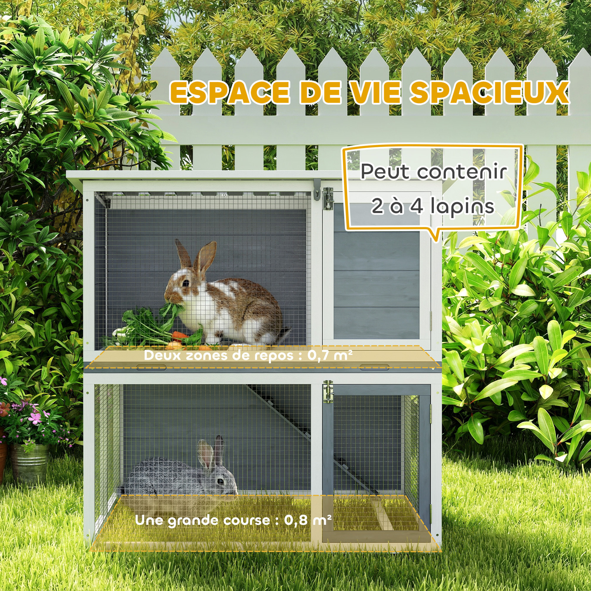 Clapier lapin extérieur 2 étages toit double ouverture bois gris