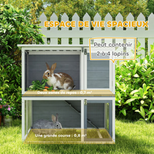 Clapier lapin extérieur 2 étages toit double ouverture bois gris