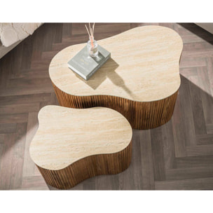 Jade - lot de 2 tables basses gigognes effet travertin - pieds en bois massif de manguier - 90 et 61 cm - Bois / Beige