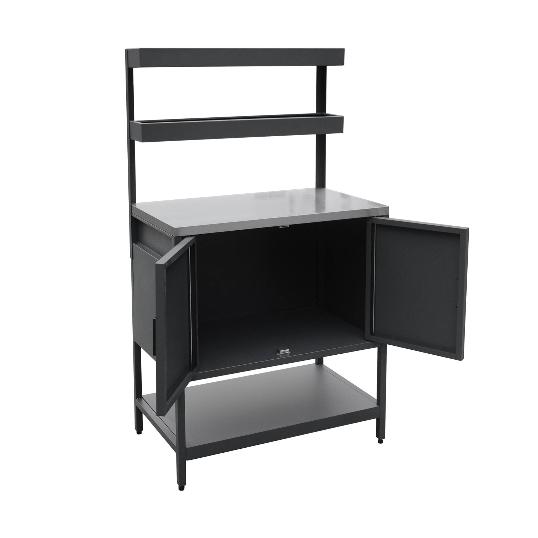 Cuisine d'extérieur en acier noir avec 2 étagères suspendues et 2 portes L80cm