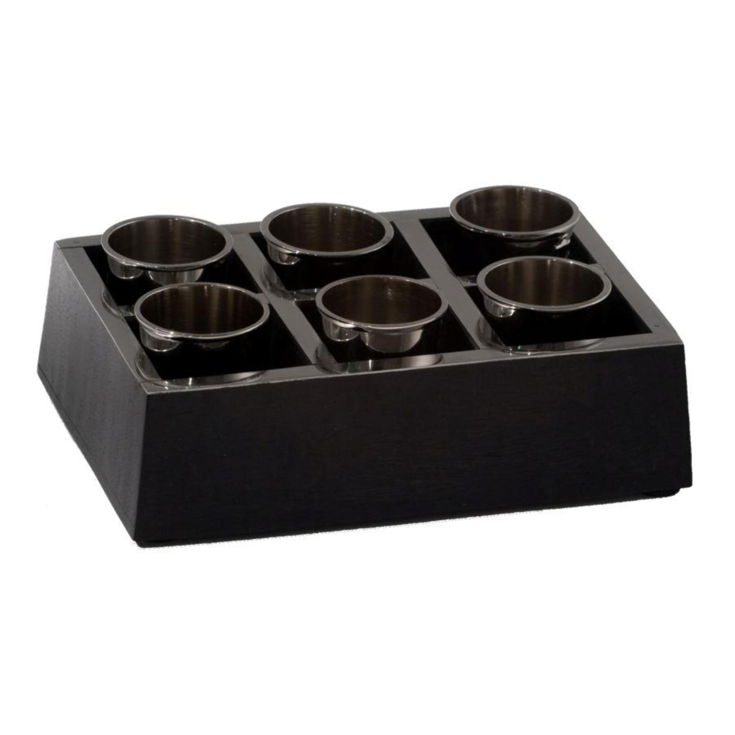 Vassoio con 6 bicchierini cm17,5x11h4,5 vassoio in legno, bicchieri in alluminio