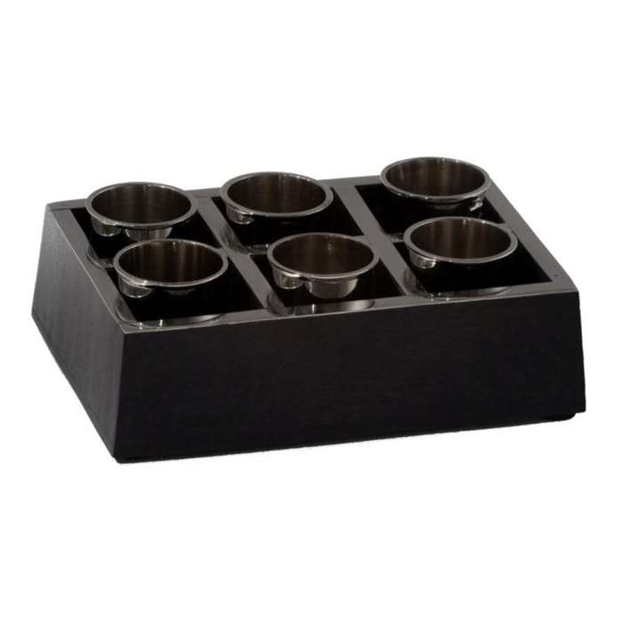 Vassoio con 6 bicchierini cm17,5x11h4,5 vassoio in legno, bicchieri in alluminio