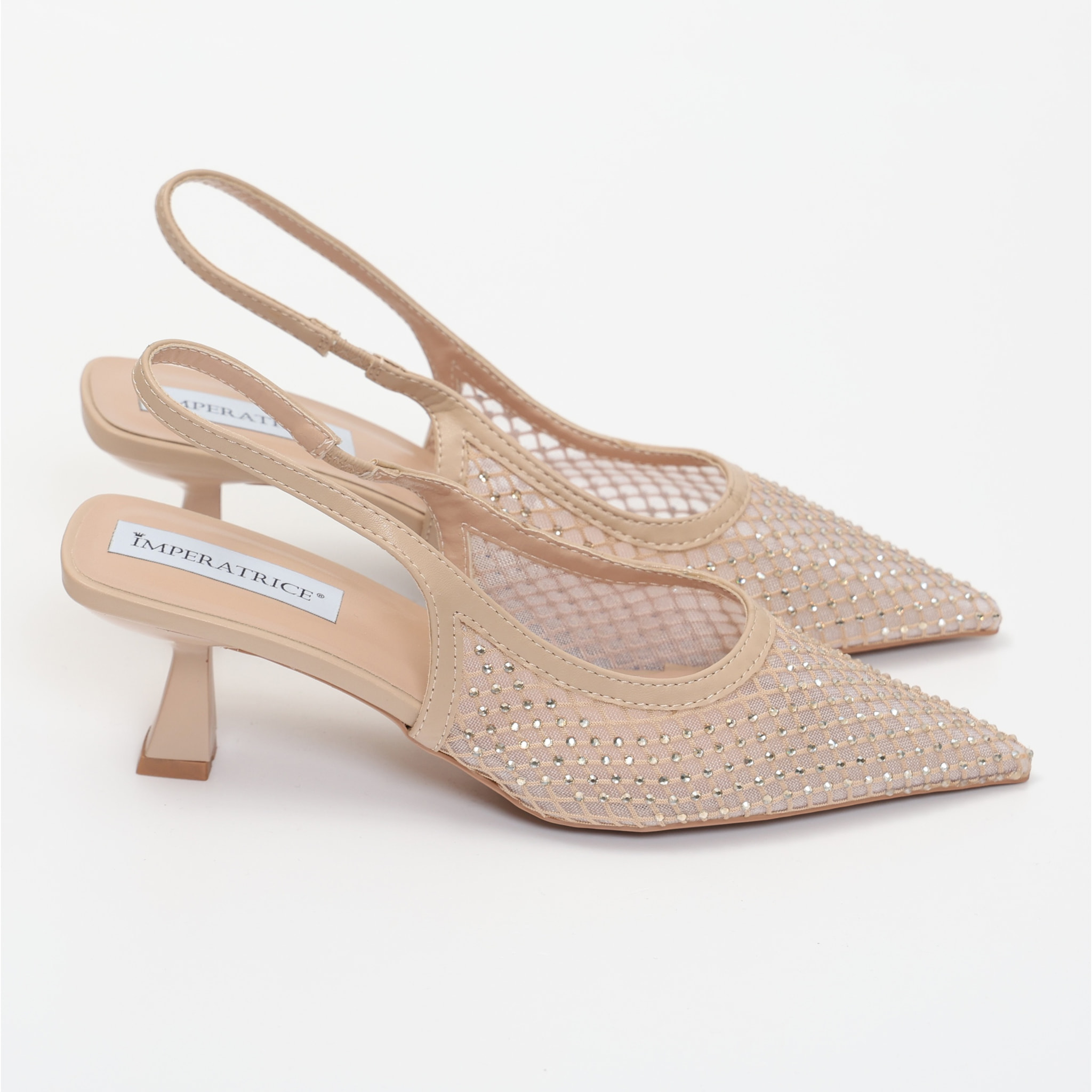Dècolletè slingback con tacco a rocchetto in tessuto traforato con strass