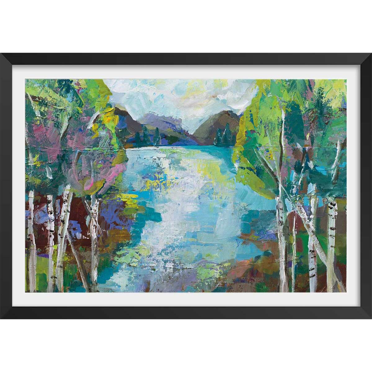 Affiche Bouleaux au bord de l'eau Affiche + cadre en bois - Noir