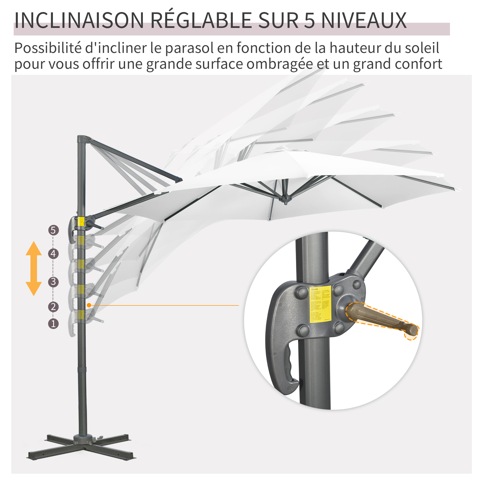 Parasol déporté octogonal inclinable manivelle avec pied en acier Ø 2,94 x 2,48H m blanc