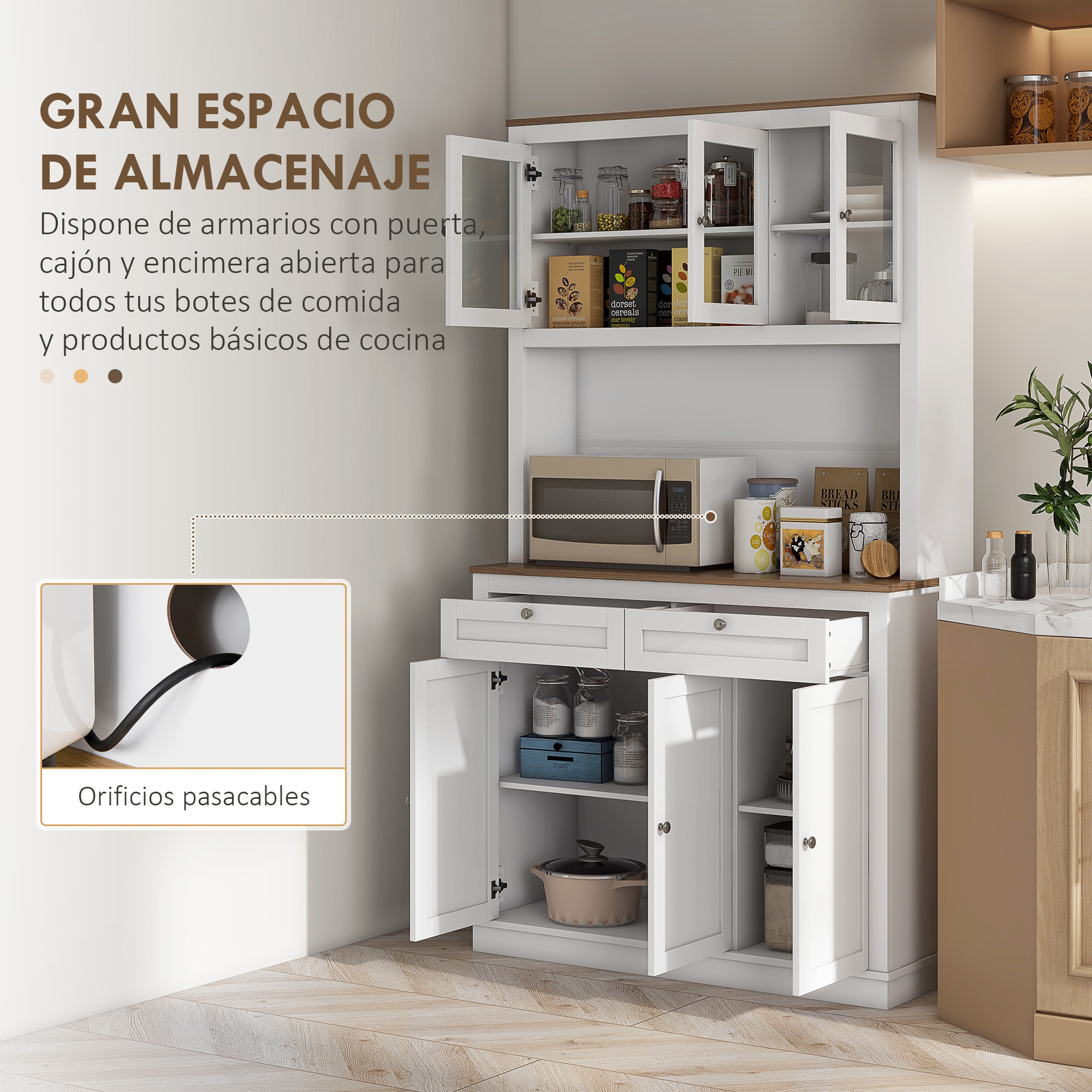Alacena de Cocina Mueble Auxiliar de Cocina Armario de Cocina con 3 Puertas de Vidrio Compartimento Abierto 2 Cajones y Estantes Ajustables 100x40x180 cm Blanco