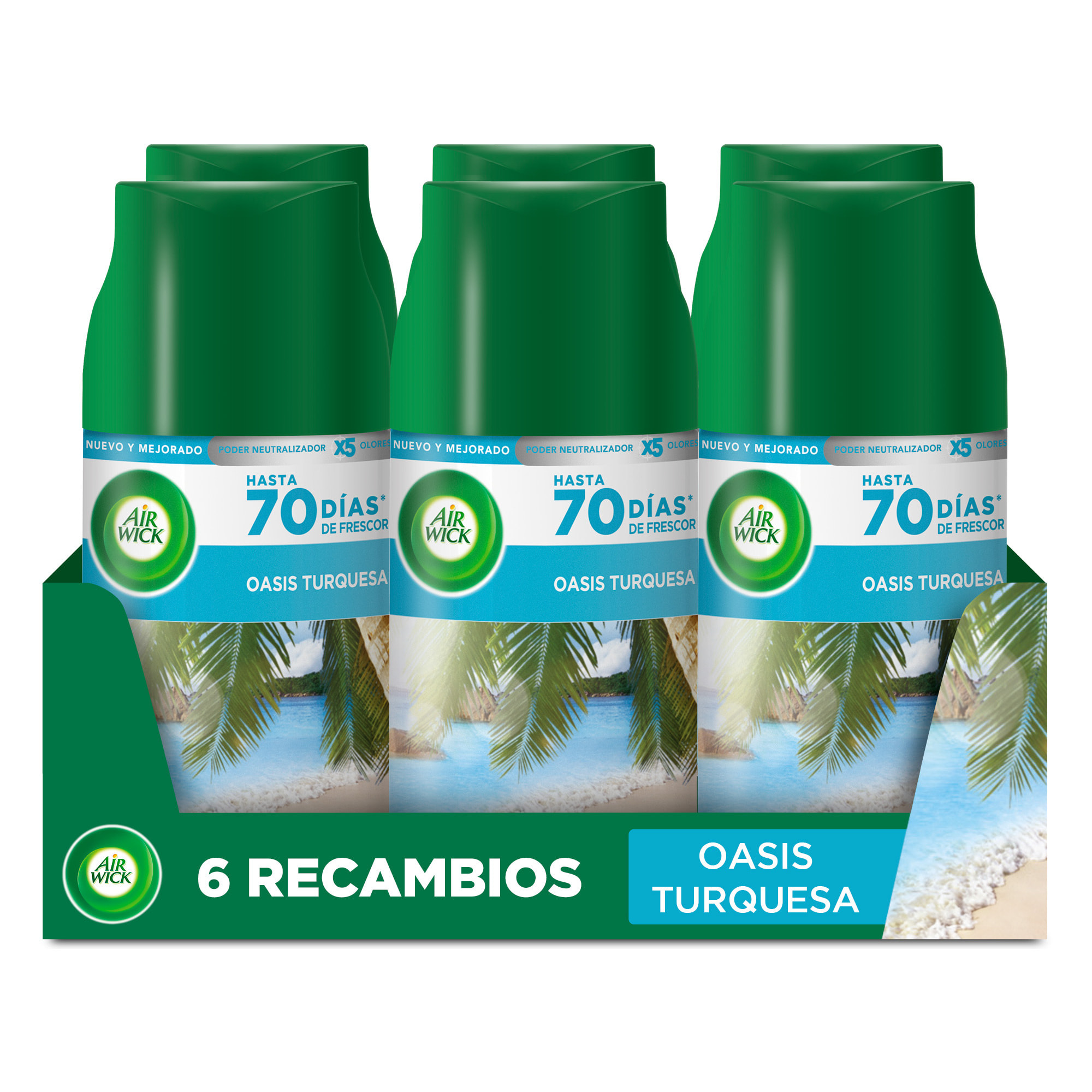 Air Wick Freshmatic Edición Limitada Viaja desde casa - Ambientador spray automático, esencia para casa con aroma a Entre dos aguas (Oasis Turquesa) - 6 Recambios