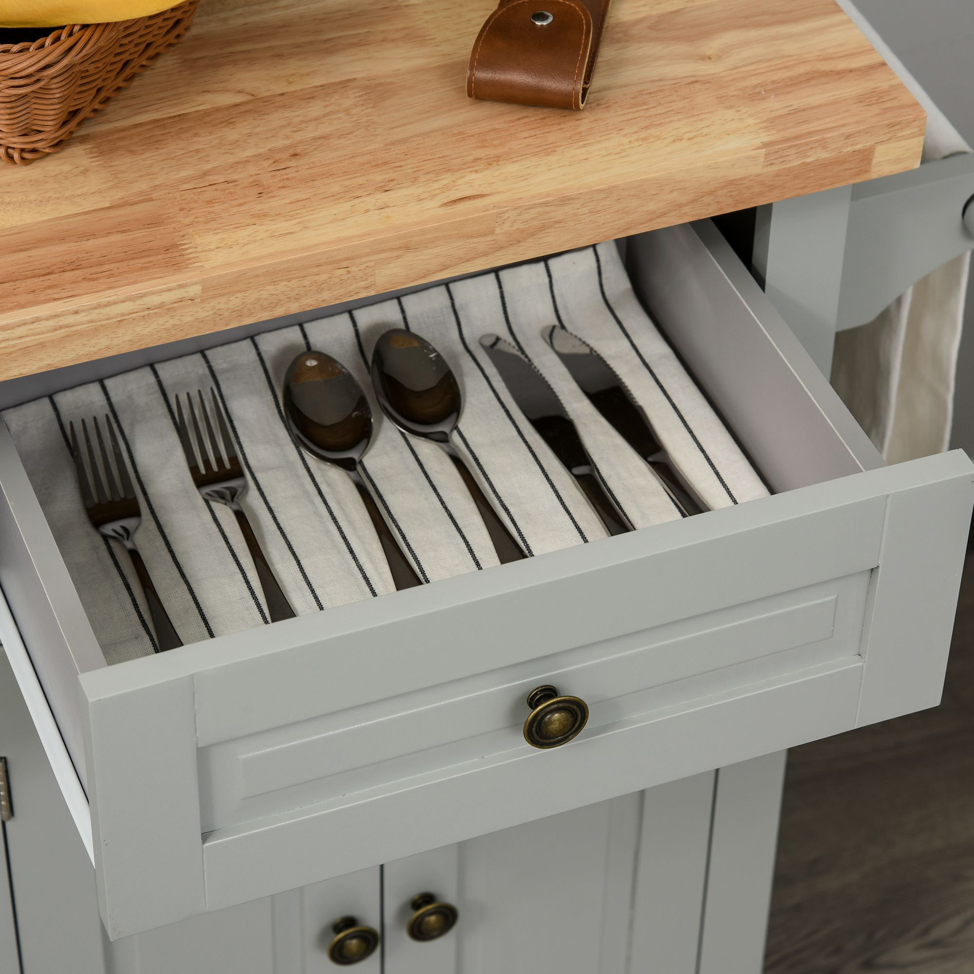 Desserte de cuisine multi rangements 2 tiroirs 2 placard 2 portes avec étagère range-bouteille porte-torchons MDF gris hévéa