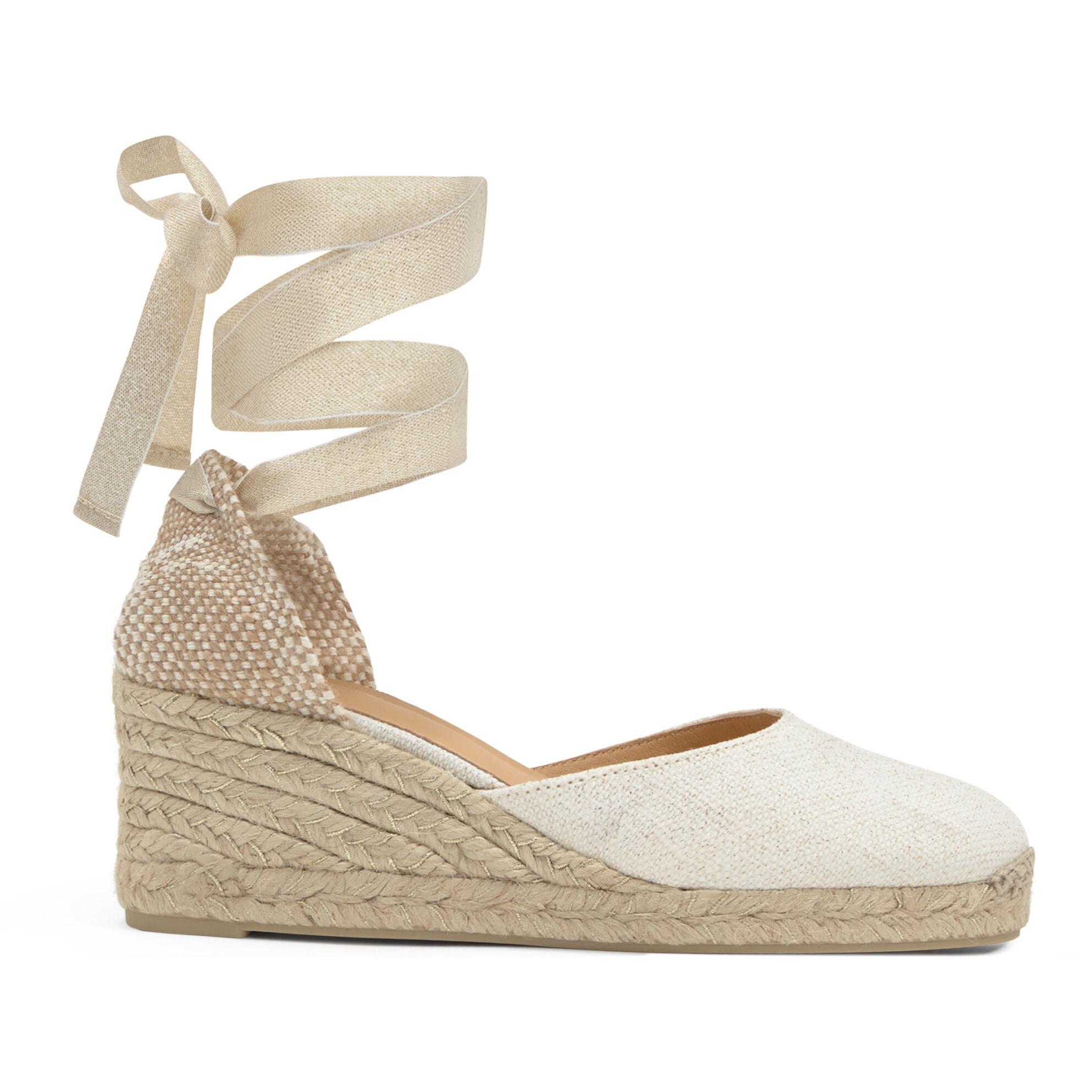 Alpargata de cuña Carina en lino metalizado con cierre de cintas