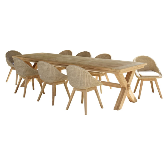 KALLY - Ensemble de jardin (table L3.20m) en bois teck recyclé rotin synth. 8/10 pers