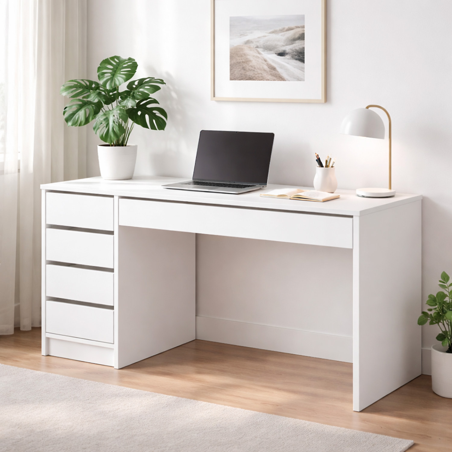 Scrivania Multifunzione Con 5 Cassetti Tavolo Trucco E Ufficio Moderna E Spaziosa Ideale Per Studio Camera E Home Office 143 x 120 x 55 cm Bianco