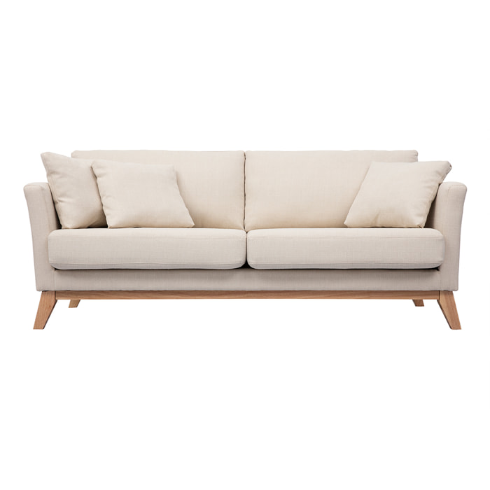 Canapé scandinave déhoussable 3 places en tissu beige et bois clair OSLO