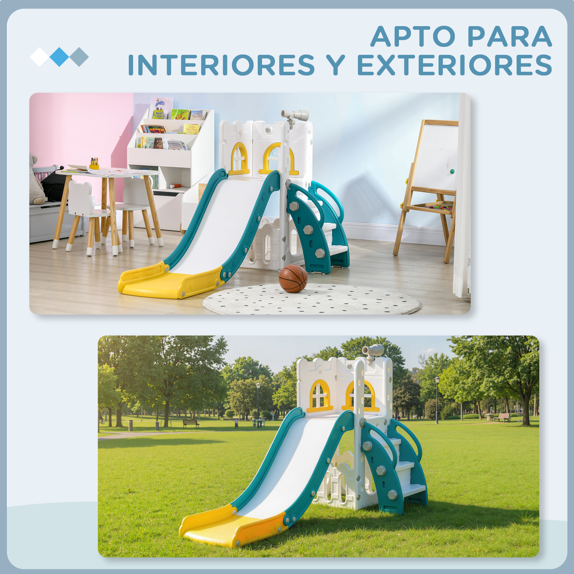 Tobogán Infantil 5 en 1, Tobogán para Niños de 1-3 Años con Aro de Baloncesto, Telescopio, Escalador y Cesta Inferior, para Interior y Exterior, Amarillo y Verde