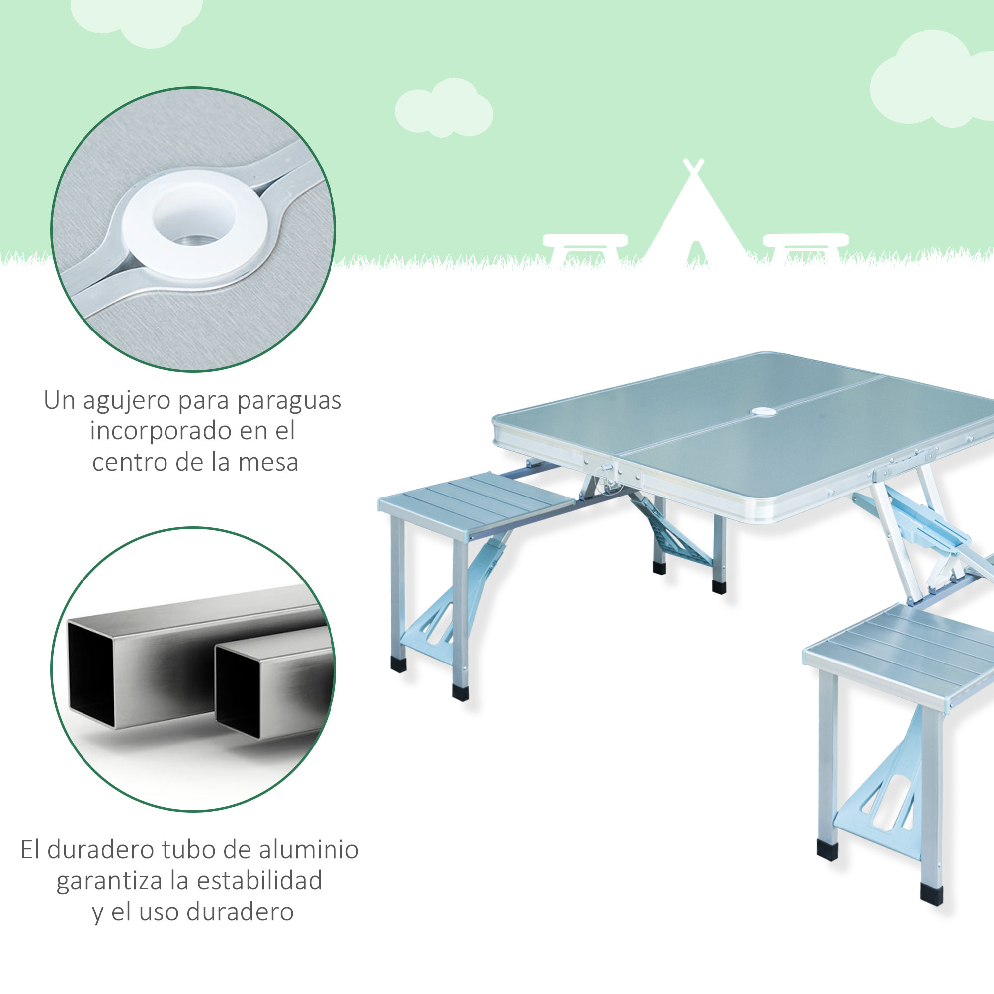 Mesa Plegable Playa 4 Asientos y Agujero de Sombrilla Estructura Aluminio NUEVO