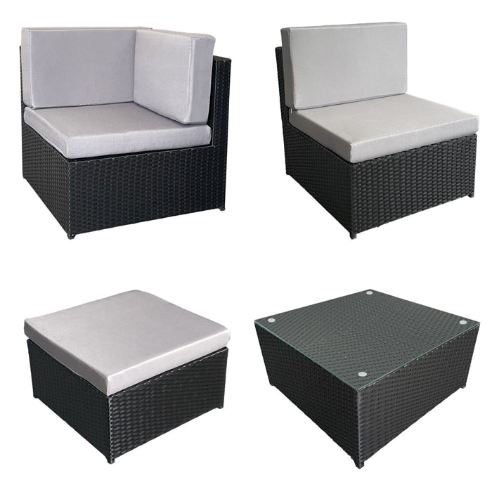 Salon de jardin BONIFACIO en résine tressée noir 6 places - coussin gris