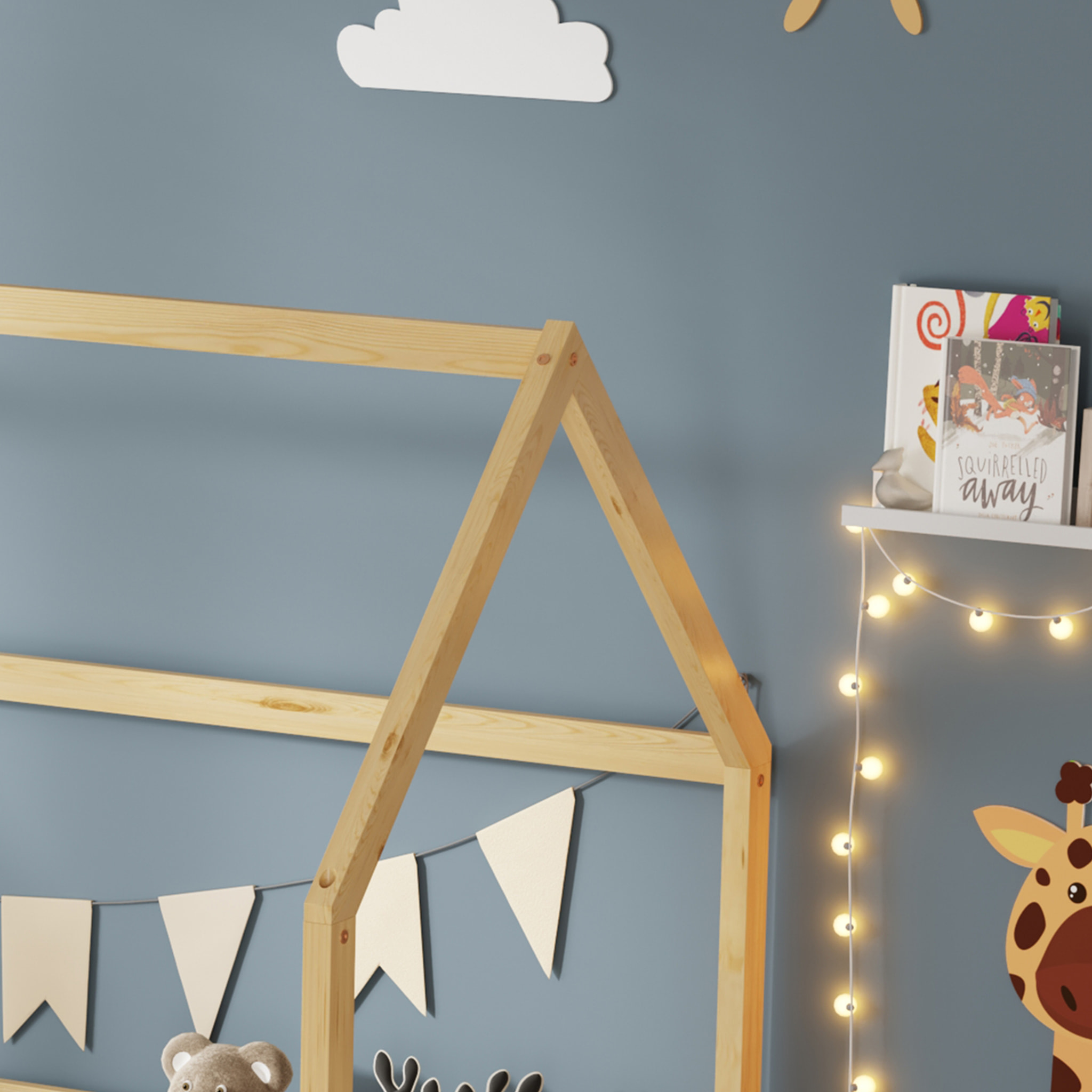 Lit Cabane Tchoupi 90 x 190 cm, Couleur Bois, Bois de Pin Naturel, avec barrières latérales de sécurité