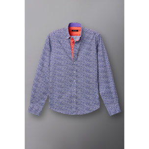 Camicia Uomo 1 Bottoni Button Down Slim Popeline Stampato Bianco/Bluette