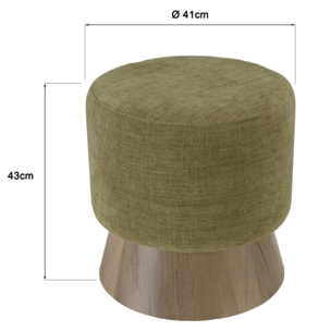 AGATHE - Pouf rond en tissu vert et pied bois D41cm