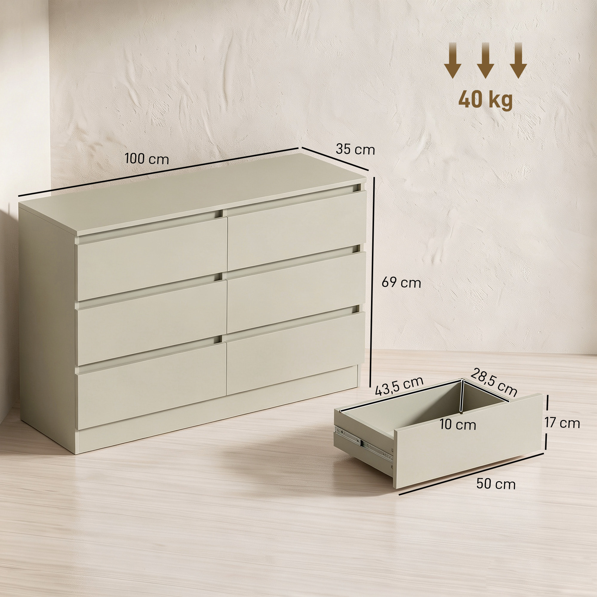 HOMCOM Cómoda de 6 Cajones para Dormitorio, Cajonera Estrecha, Sinfonier Moderno, Soporte para TV hasta 47 Pulgadas, para Salón, Vestidor, Pasillo, 100x35x69 cm, Marrón Claro