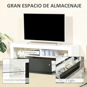 Mueble de TV para Televisiones de 55”Pulgadas Mesa para TV de Salón con Luz LED 6 Modos de Colores Mando a Distancia Cajón y Estantes de Cristal Ajustables 140x35x52 cm Blanco