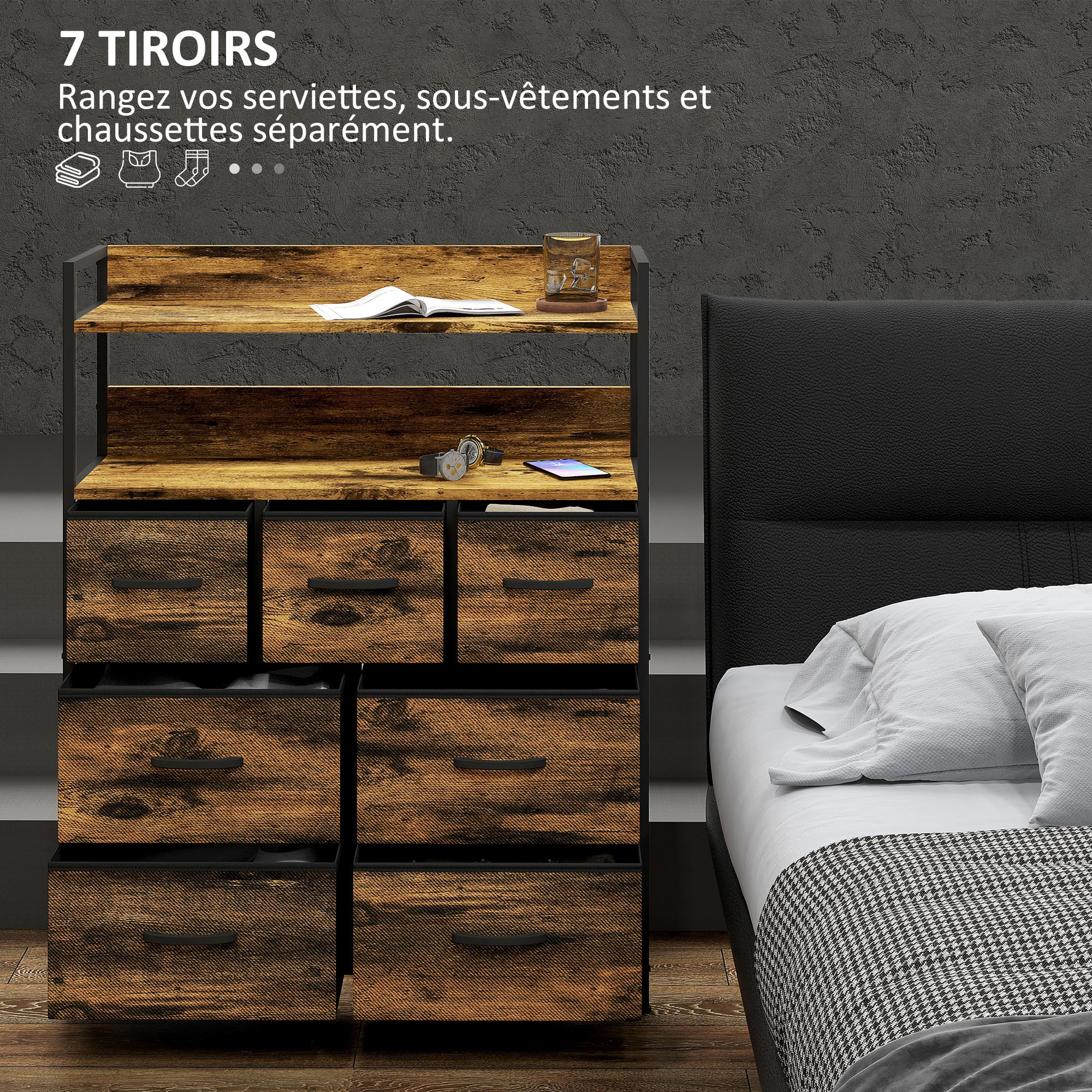 Commode style industriel - 7 tiroirs, 2 étagères - acier noir MDF non tissé effet bois vieilli