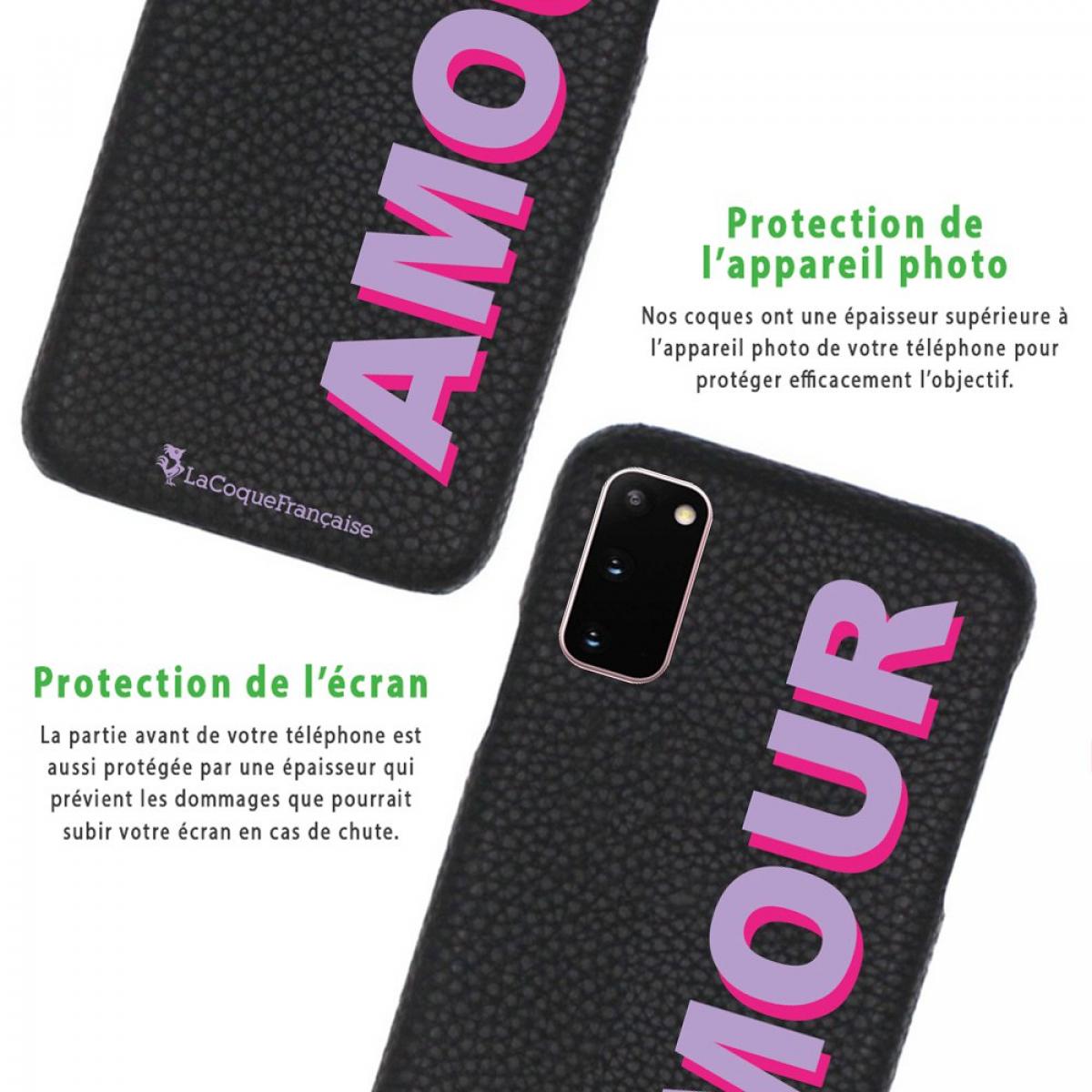 Coque Samsung Galaxy S20 effet cuir grainé noir Amour parme et fushia Design La Coque Francaise