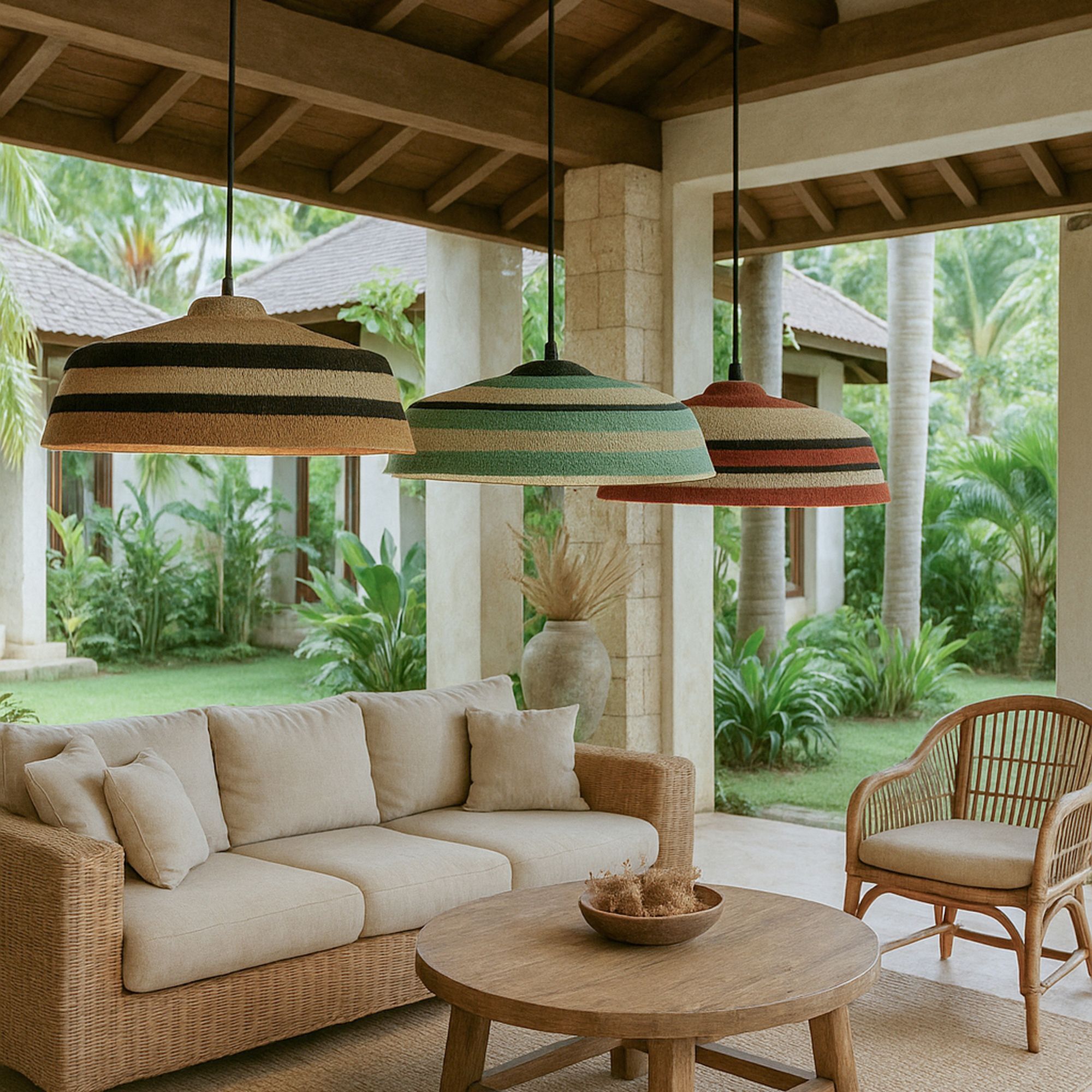 Suspension en jonc de mer naturel et rouge TRINIDAD