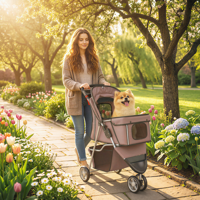 Carrito para Perros Plegable, Cochecito para Perros Pequeños con Cesta de Almacenaje, Ventanas de Malla, Portavasos y Ruedas, Carga 10 kg, 77x44x102 cm, Café