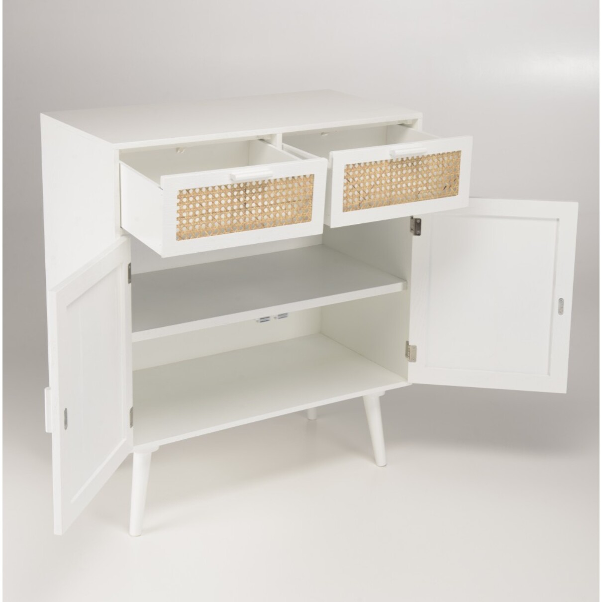 SANDRO - Buffet blanc 2 portes 2 tiroirs cannage naturel