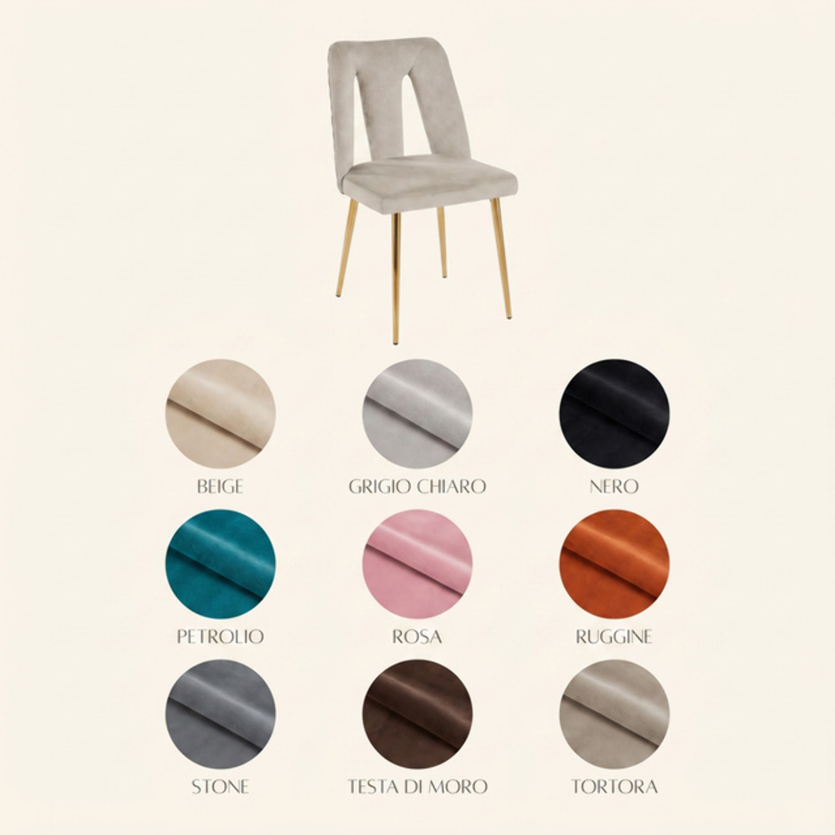 Sedia Imbottita in Effetto Velluto con Schienale Aperto e Gambe Oro, Design Moderno ed Elegante per Sala da Pranzo, Cucina, Soggiorno, Studio e Ufficio