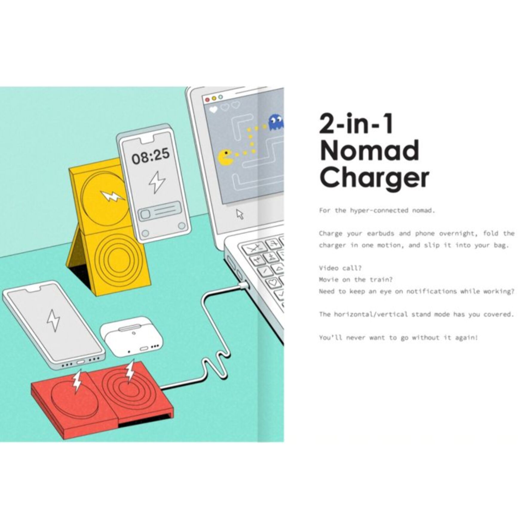 Chargeur CASYX sans fil 2en1 fast charge Qi2 USB C gris