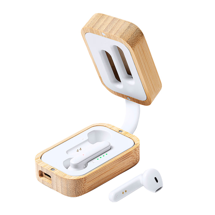 Cuffie bluetooth 5.0 in bambù naturale. Batteria 35 mAh/Base di ricarica 400 mAh