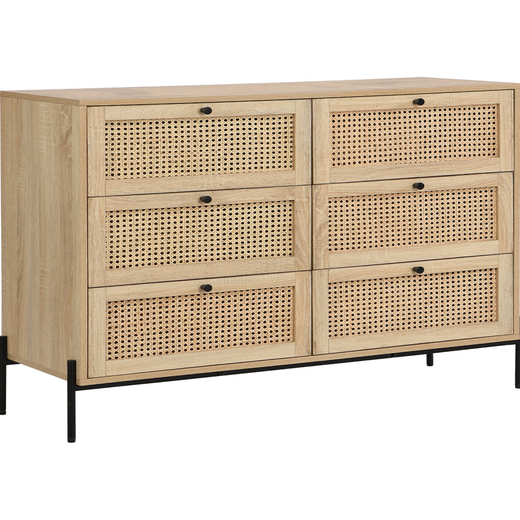 Commode 6 tiroirs en cannage et effet chêne - IRIS