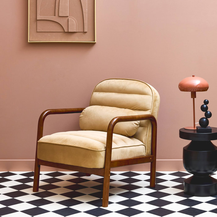 Fauteuil scandinave bois d'hévéa teinté noyer et tissu velours cappuccino
