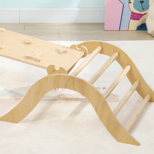 Triángulo de Escalada de Madera 8 en 1 Escalada para Niños de 18-48 Meses con Rampa Escalera de Arco y Bolsa de Arena 175x59,5x60 cm Natural