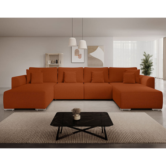 Gabriel - Canapé panoramique en U 7 places convertible avec coffre en tissu texturé - Rouge