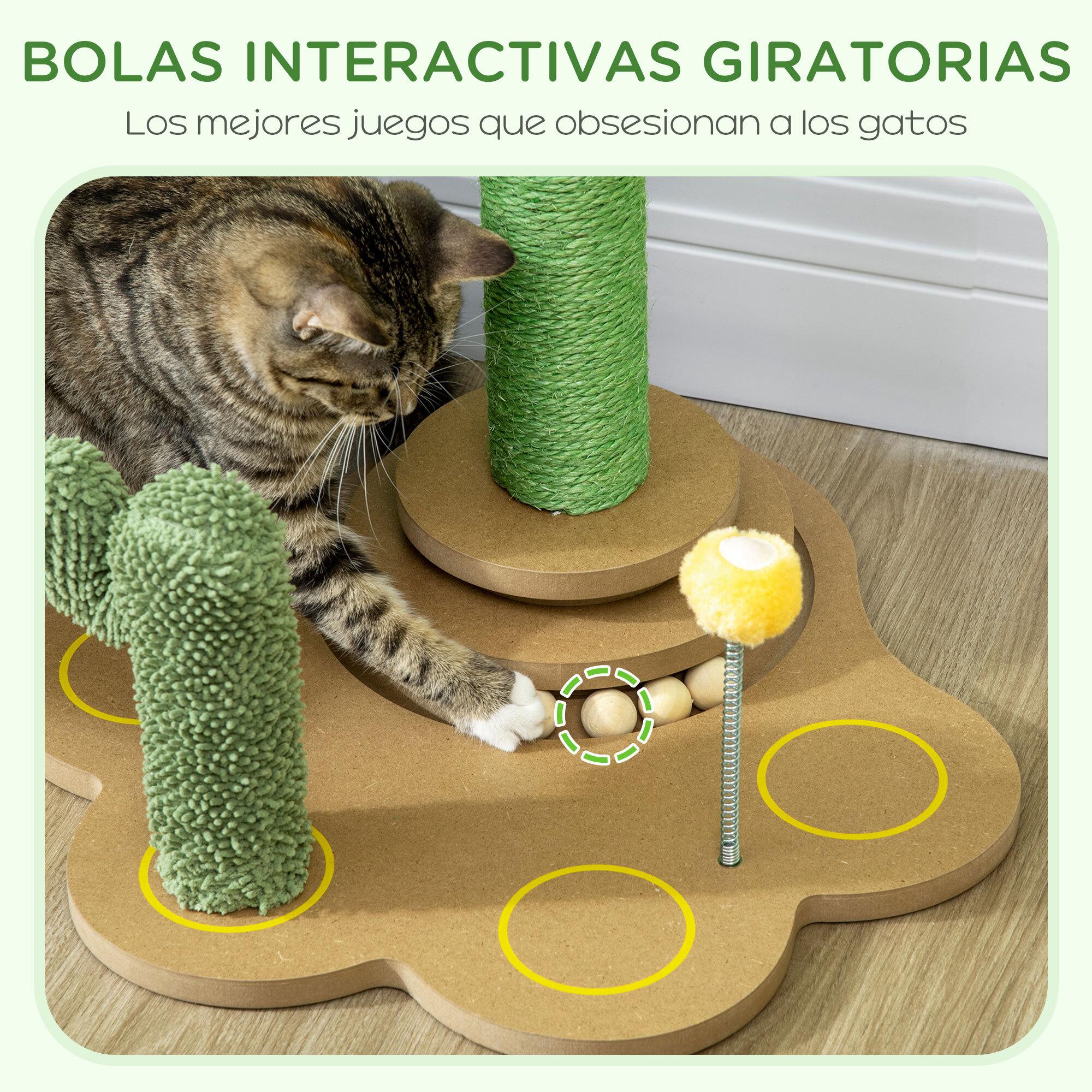 Árbol Rascador para Gatos Pequeños con Postes de Cactus Altura 60 cm Torre para Gatos de Chenilla con Juguetes de Pelotas 46x43x60 cm Verde