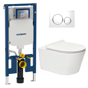 Pack WC Bati-support Geberit UP720 extra-plat + WC SAT Brevis sans bride fixations invisibles + Plaque blanche (SLIM-Brevis-C)