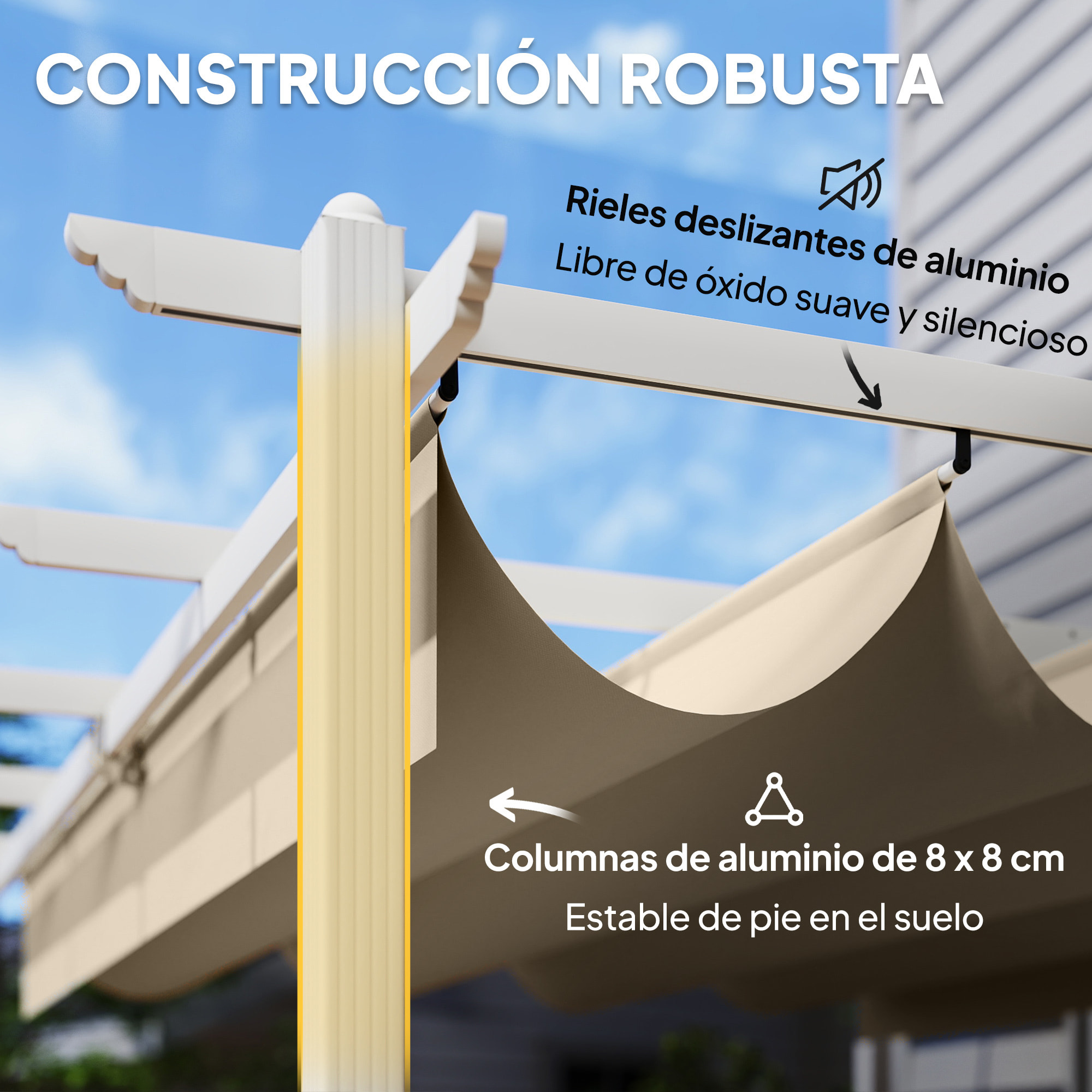 Pérgola de Jardín 4x3 m con Techo Retráctil, Cenador de Jardín con Protección UPF30+, Orificios de Drenaje, Estructura Metálica, Pabellón para Patio, Terraza, Exterior, Beige