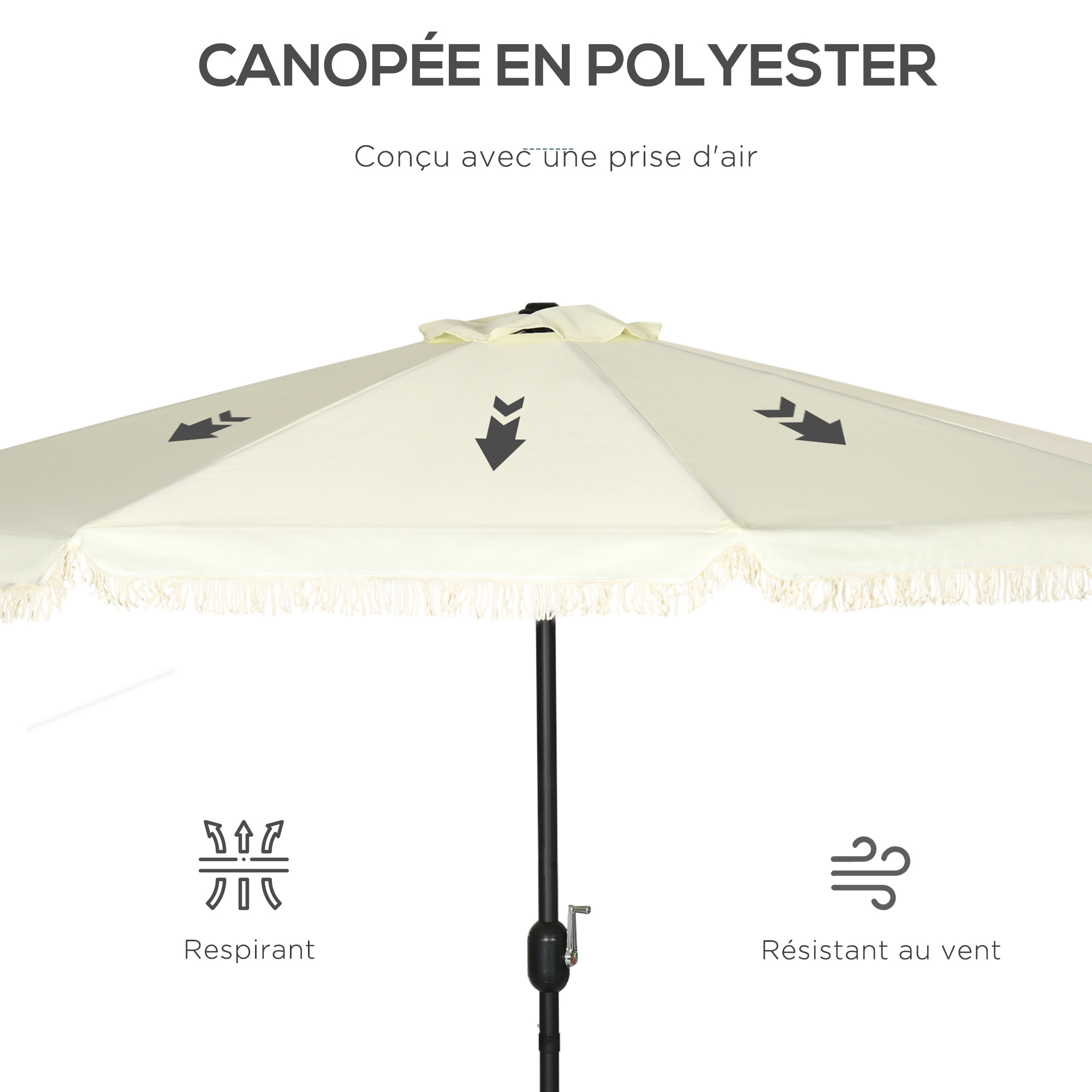 Parasol octogonal inclinable Ø 2,68 x 2,32H m mât acier noir polyester haute densité 180 g/m² crème