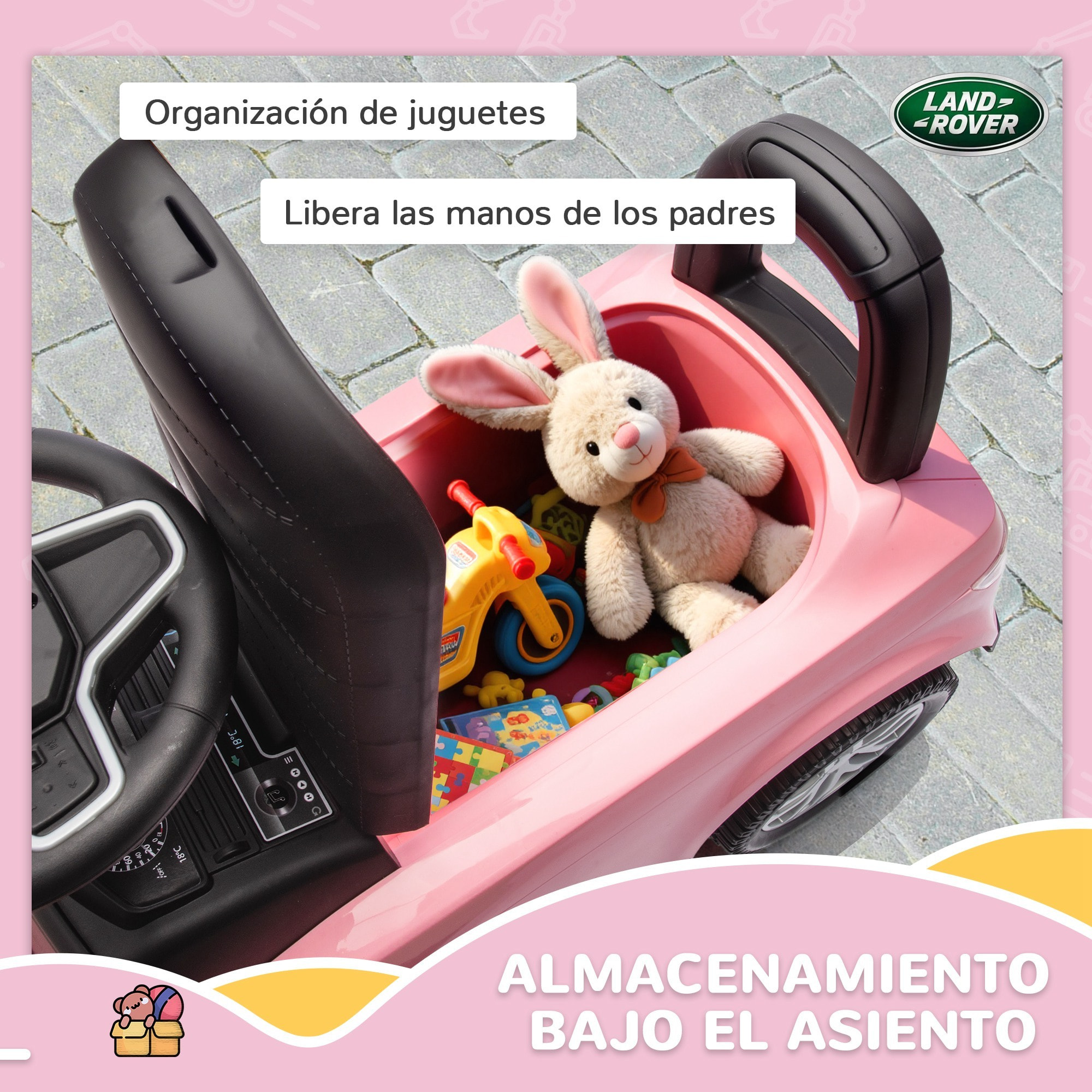 Coche Correpasillos con Licencia de Land Rover, Correpasillos para Niños de 18-36 Meses con Almacenaje, Volante, Bocina, Sonidos de Motor, 65,5x28x42 cm, Rosa