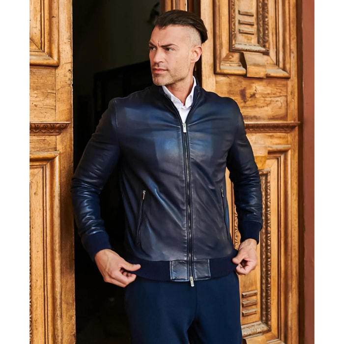 Giubbotto Bomber in pelle blu nappa effetto liscio