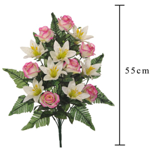 Bouquet Frontale Composto Da 14 Rose E Lilium. Altezza 55 Cm - Pezzi 3 - 34X55X14cm - Colore: Rosa - Bianchi Dino - Fiori Artificiali